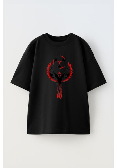 Thewert Unisex Anka Kuşu Ve Ninja Yıldızı Tasarım Baskılı Pamuk Sıyah Oversize T-shirt Siyah
