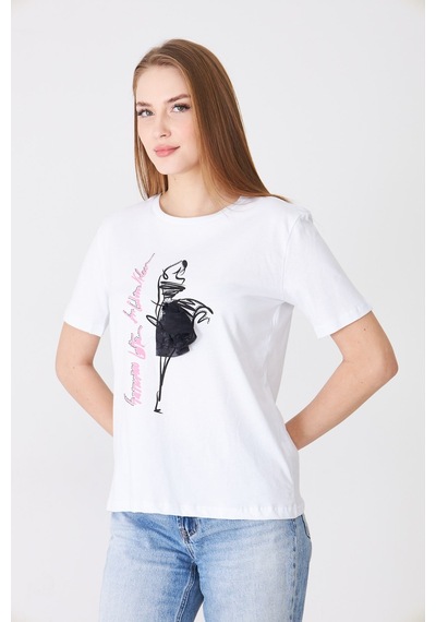 Sortie Collection Eteği Tül Detaylı Silüet Baskılı Basic Tshirt Beyaz