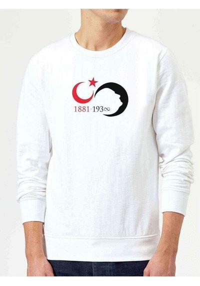 10 Kasım Silüet Turk Bayrağı Baskılı Beyaz Erkek Sweatshirt