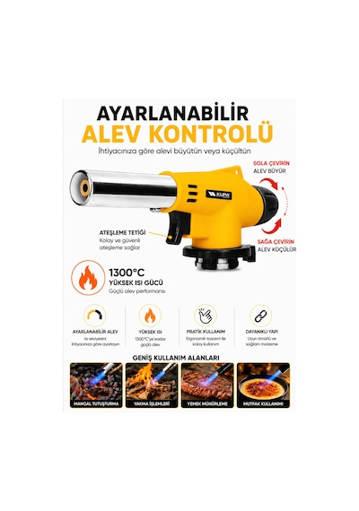 Kupa 1300 Dereceye Kadar Yüksek Isı Veren Ayarlanabilir Alev Kontrollü Pürmüz Başlığı Sarı