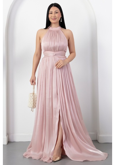 Kalopya Halter Yaka Beli Düğümlü Yırtmaçlı Elbise Drp6882 Pembe