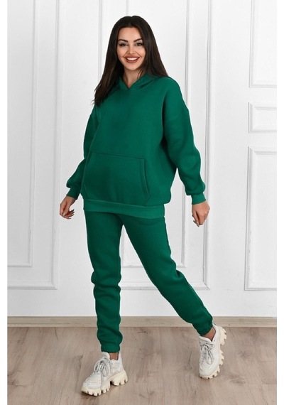 Düz Basic Eşofman Takımı Sweatshirt Jogger - Yeşil Oversize Şardonlu Kapüşonlu Yeşil