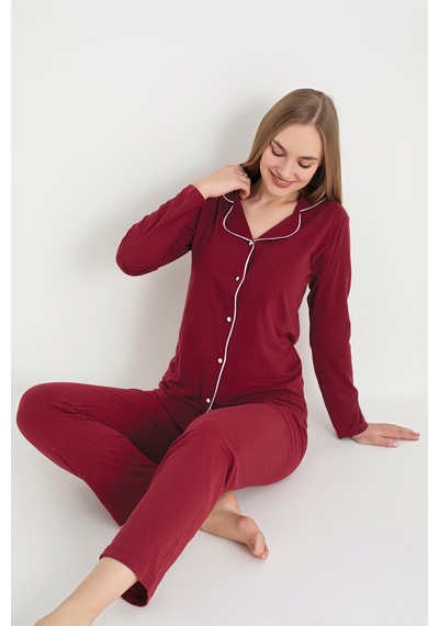 SUDE HOMEWEAR Kadın Bordo Düğmeli Uzun Kol Pijama Takımı Kırmızı