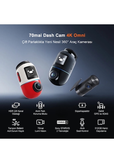 70MAİ Dash Cam X800 Ön Kamera+RC14 Arka Kamera Seti Kırmızı 128 GB
