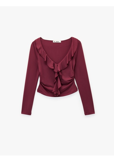Koton Fırfır Detaylı Uzun Kollu Slim Fit V Yaka Tişört Bordo 6wal10543ık