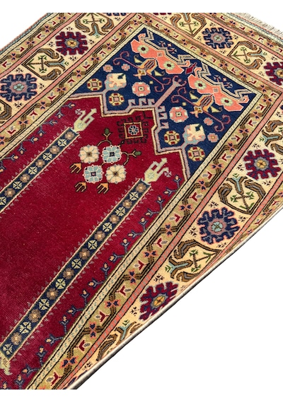 El Dokuma Vintage Eskitme Bünyan Halısı Seccade 86x130 Kırmızı Krem Kırmızı