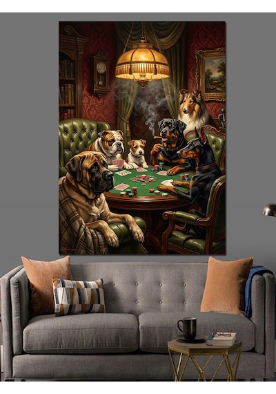 Bilardo Oynayan Köpekler Ve Kedi Dekoratif Kanvas - Mdf Ahşap Tablo