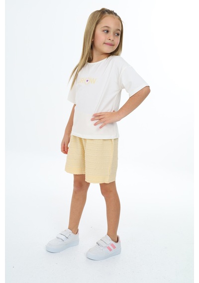 Toontoy Kids Toontoy Kız Çocuk 2'li Takım Baskılı Bisiklet Yaka T-shirt & Beli Lastikli Şort Sarı