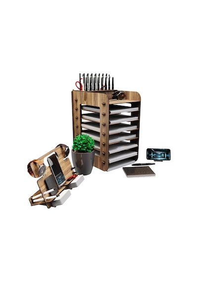 Kuk Design Robinia A4 Evrak Rafı Ofis Masaüstü Organizer Set Ceviz