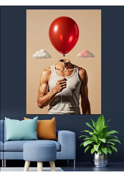 Ahşap Tablo Kırmızı Balon Kafalı Genç Adam İllüstrasyonu