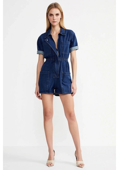 Benerly Kadın Gömlek Yaka Kısa Kollu Denim Şort Tulum Kumaş Günlük Kullan Koyu Mavi