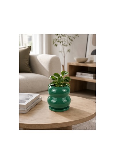 Pumpkin Seramik Saksı Parlak Yeşil Jade Green Çap:15cm Yük:14cm Tabaklı
