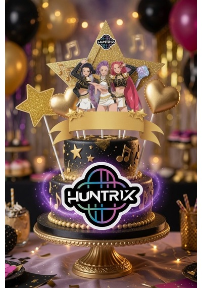 K Pop Huntrix Demon Hunters Gold Pasta Süsü 4'lü Çubuklu Doğum Günü Pasta Dekoru +3