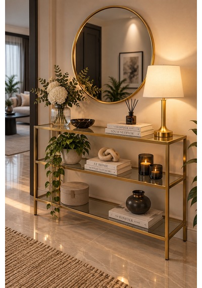 Teknor Şeffaf Camlı Gold Metal Salon Konsol Ünitesi 100cm