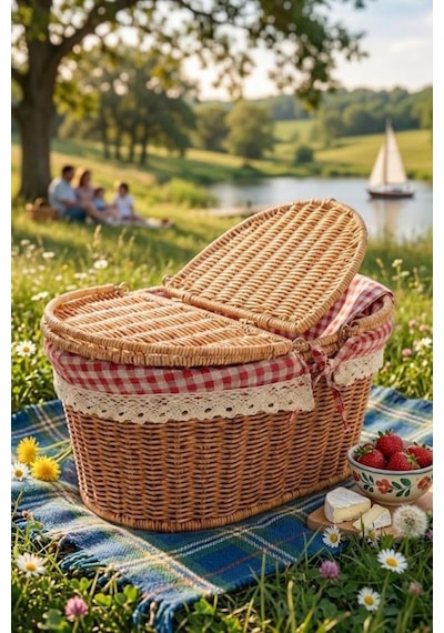 Atbyhome Hasır Piknik Sepeti Kapaklı Ve Bezli Rattan Sepet Organizer 40x29x18 Kahverengi