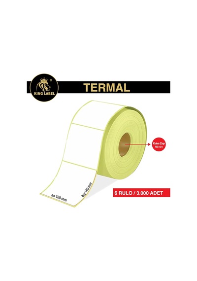 King Label 100x100mm Termal Barkod Etiketi 6 Rulo 500'lü Sarım Toplam 3000 Etiket Diğer