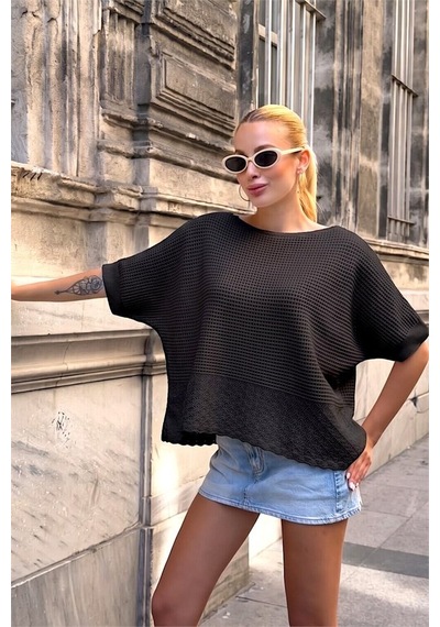 Veraura Lifestyle Siyah Kayık Yaka Ajurlu Triko