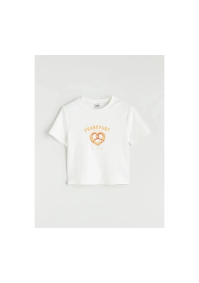 LC Waikiki Lcw Kids Ekru Bisiklet Yaka Frankfurt Baskılı Kız Çocuk Crop Tişört Ecru