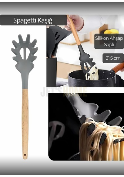 Silikon Spagetti Kaşığı Mutfak Kaşık Ahşap Saplı 31,5 Cm Siyah