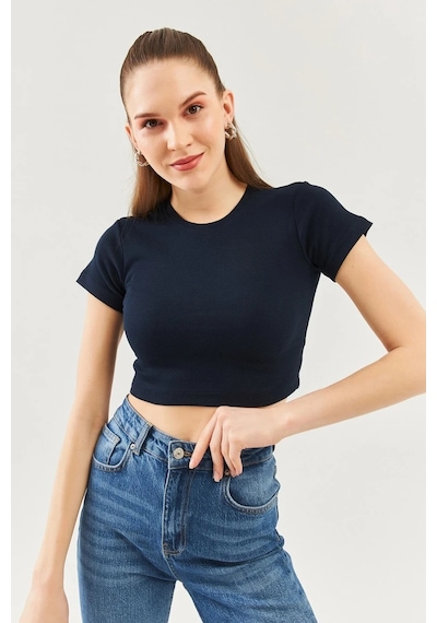Butikgiz Kadın Kısa Kol Bisiklet Yaka Vücuda Oturan %100 Pamuklu Kaşkorse Esnek Crop Bluz Lacivert