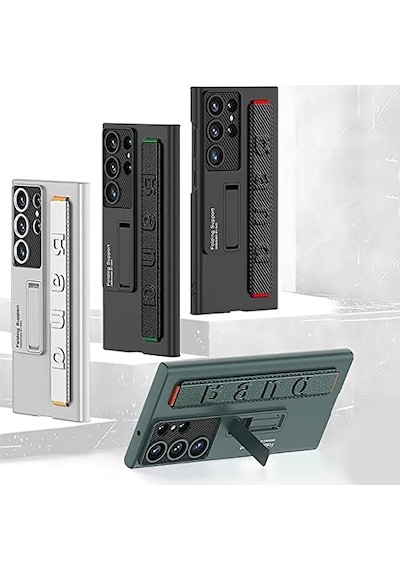 Senon Galaxy Uyumlu S23 Ultra Kılıf Standlı El Tutacaklı Zore Band Kapak Siyah Karbon