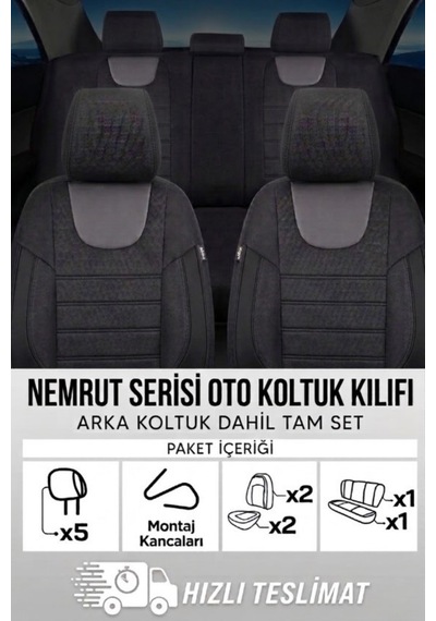Nemrut Serisi Lakost Kumaş Universal Oto Koltuk Kılıfı Tam Set Siyah