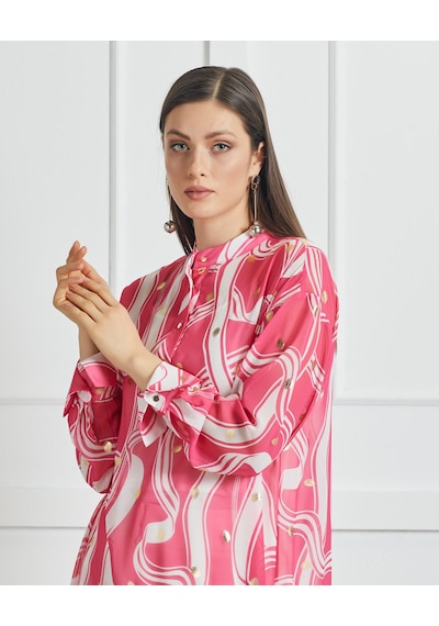 Serpil Exclusive Asimetrik Kesim Desenli Uzun Tunik Rahat Ve Şık Tasarım Pembe