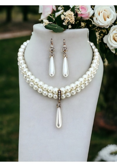 Kristal Taşlı İnci Sallantılı Tasma İnci Kolye Ve İnci Küpe Beyaz