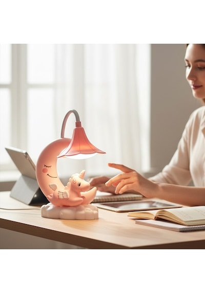 Ay Ve Unicorn Tasarımlı Sevimli Şarjlı Masa Lambası Pembe