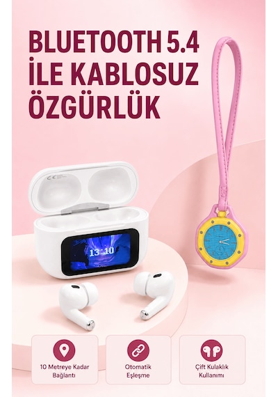 Bluetooth 5.4 Kablosuz Kulaklık Pembe Askılı Analog Charm Saat İk