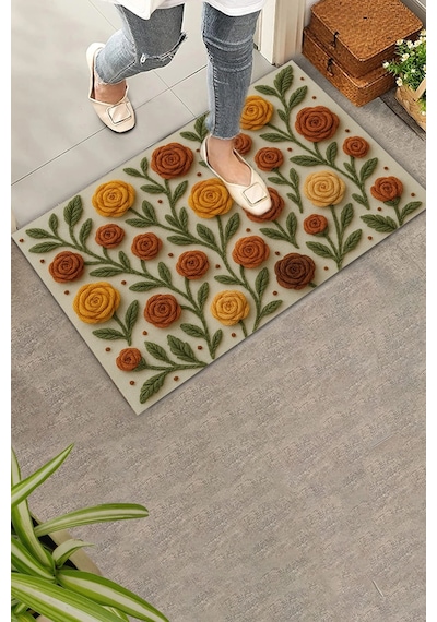 Valerine Life Sıcak İlmekler Nakışlı Güller Temalı Welcome Hoş Geldiniz Dijital Baskılı Kapı Önü Pas Kahverengi