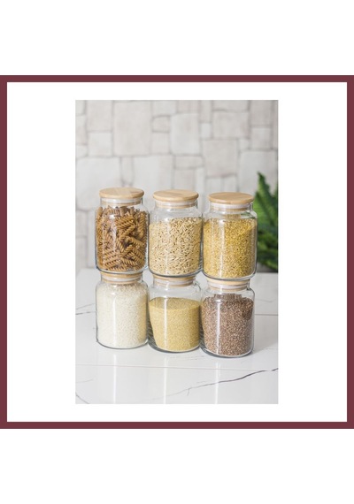 Storeşahin 6 Lı Set Bambu Kapaklı Cam Kavanoz & Erzak Saklama Kabı 800 Ml Orta Boy Vakum Kapak Shn0720