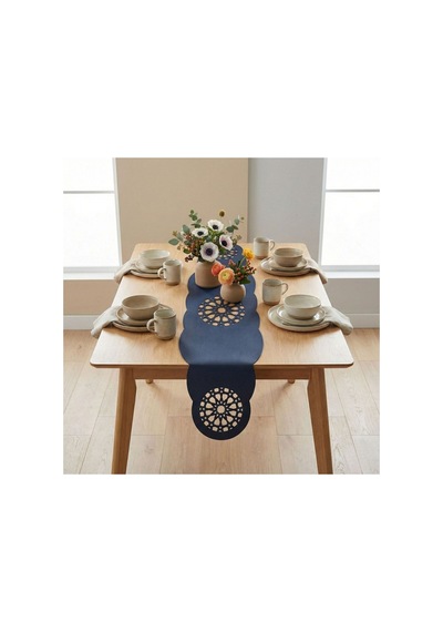 1 Adet Deri Runner-40x140 Cm-yıldız Desenli Runner Lacivert