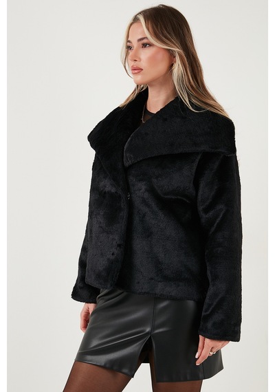 Lela Oversize Geniş Yaka Çıtçıt Düğmeli Astarlı Peluş Bayan Mont 6839623 Siyah
