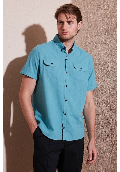 Buratti Düğmeli Yaka Pamuklu Slim Fit Cepli Erkek Gömlek Cf21S111153 Petrol