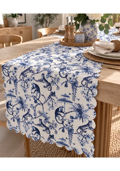 Pamuklu Dijital Baskı Runner Mutfak Salon Mavi Desenli 40x140