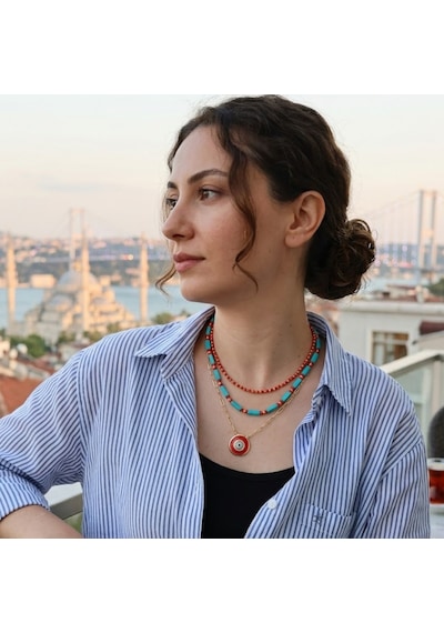 Lente Aksesuar Gold Kaplama Çoklu Kolye Kombini Kırmızı Turkuaz Boncuklu Nazar Kolye Seti Çok Renkli