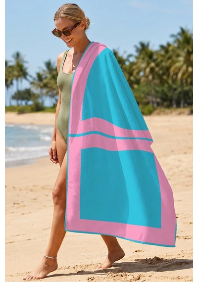 Geometrik Modern Çift Renk Plaj Havlusu - Minimalist Pembe Turkuaz Hızlı Kuruyan Mikrofiber Havlu Kuru Yosun