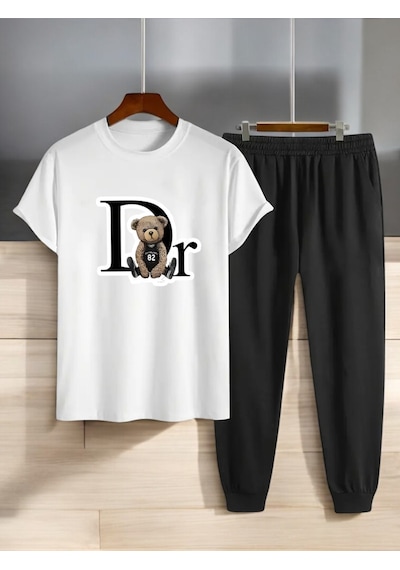 Uyguntarz Unisex Dr: Ayı Tasarım Basklı Tshirt Eşofman Takımı Beyaz