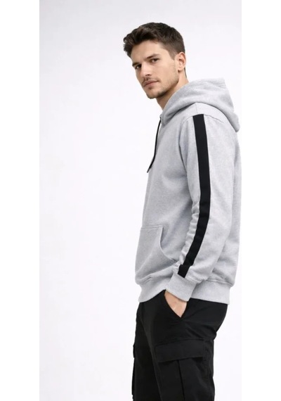Butik İstanbul Erkek Şeritli Kapüşonlu Sweatshirt Oversize 3 Iplik Pamuklu - Beyaz