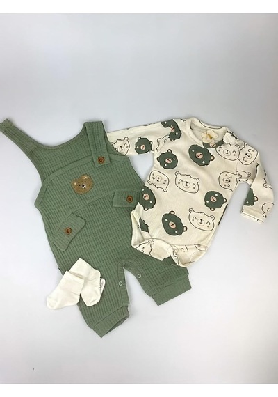 Tr Myzi Store Bebek Erkek 3'lü Tulum Takımı Salopet Ve Çorap Seti Ayıcık Desenli Badi Ayı Nakışlı Pamuklu Un