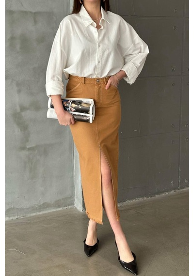 Alemdarshop Camel Gabardin Boyamalı Püsküllü Etek