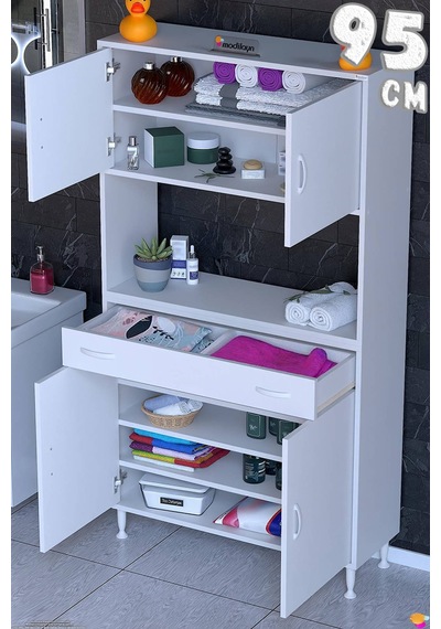 Arda 95 Cm 4 Kapaklı 7 Raflı Ve Çekmeceli Çok Amaçlı Banyo Dolabı Beyaz