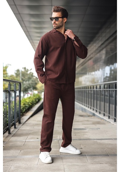 Madmext Kahverengi Düğmeli Basic Erkek Gömlek Pantolon Takım E7335 Kahverengi