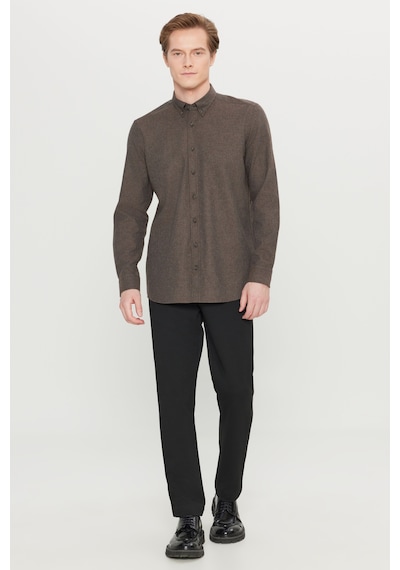 Altınyıldız Classıcs Erkek Kahverengı Pamuklu Slim Fit Dar Kesim Düğmeli Yaka Diagonal Desenli Flanel Gömlek Kahverengi
