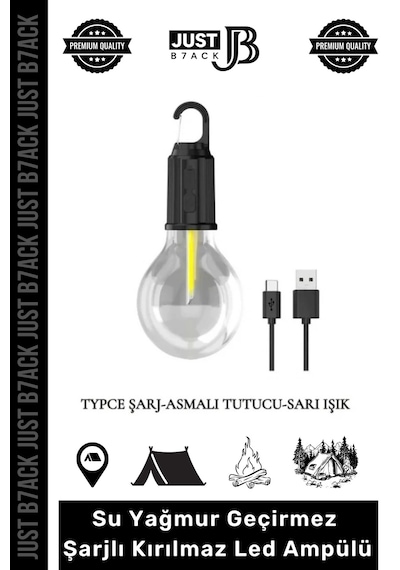 Just B7ack Kamplambası Su Yağmur Geçirmez Kırılmaz Şarjlı 3 Modlu Kablosuz Kamp Aydınlatma Led Ampülü Çok Renkli
