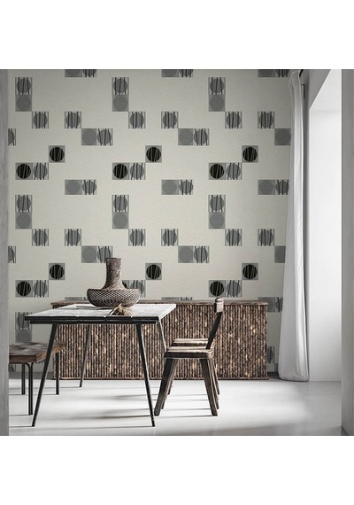 Siyah Gümüş Geometrik Desenli Dokulu Duvar Kağıdı 55110 Çok Renkli