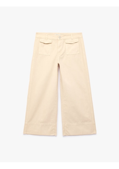 Koton Pamuklu Düğmeli Normal Bel Cep Detaylı Bol Paça Pantolon - Culotte Jeans Ekru 7wal40022mw