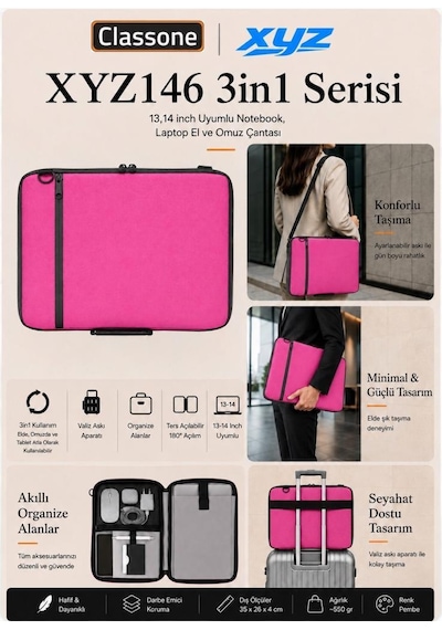 Classone 3in1 Serisi Xyz146 13,14 İnch Uyumlu Tablet, Laptop El Ve Omuz Çantası Pembe