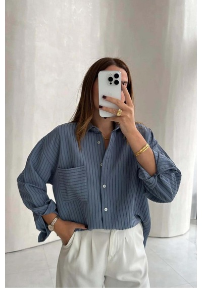 Distimi Kadın Oversize Çizgili Gömlek Renkli